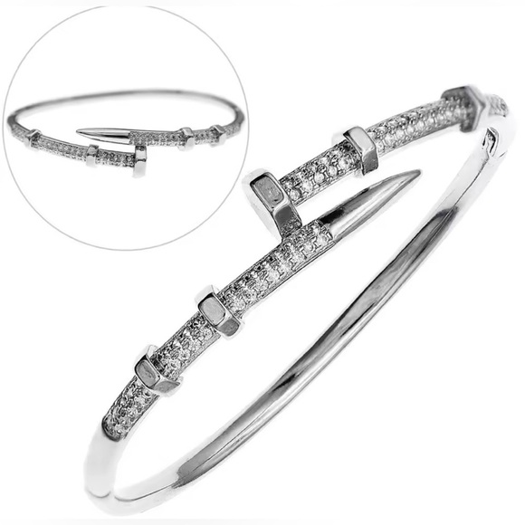 18K White Gold Nail Bolt Screw Bracelet Bangle Diamond Inlay Designer Inspired - Picture 2 of 8